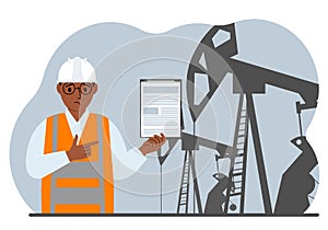 A male refinery engineer worker uses a tableted oil pumping unit. Energy industrial zone, oil drilling.