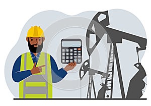 A male refinery engineer worker uses a tableted oil pumping unit. Energy industrial zone, oil drilling.