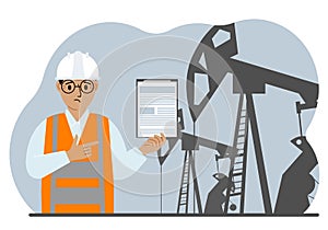 A male refinery engineer worker uses a tableted oil pumping unit. Energy industrial zone, oil drilling.