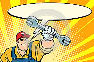 Male repairman with a wrench says comic book bubble