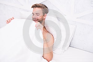 Male reproductive system. morning erection concept. asleep and awake. Relaxing in bedroom. energy and tiredness. sexy