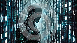 male robot in digital world on binary code background