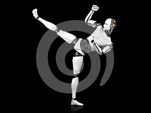 Male robot doing karate kick.