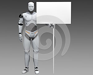 Male Robot With Large White Polled Blank Sign