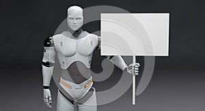 Male Robot With Small Polled Blank Sign On Dark Background
