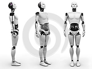 Male robot standing, three different angles.