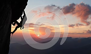 Male rock climbing pulling up, doing next step reaching top. Side view. Panoramic mountain view and sunset. Copy space