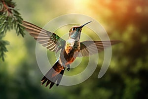 Male Ruby-throated Hummingbird archilochus colubris in flight, Flying hummingbird with green forest in background, Small colorful