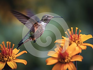 Male Ruby-throated Hummingbird in flight with yellow flowers in the background Made with Generative AI