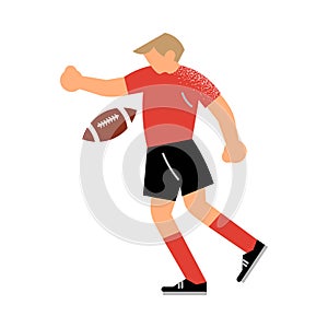 The male rugby player in the black shorts hits the ball. Vector illustration in flat cartoon style.