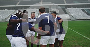 Male rugby players forming huddles in the ground 4k