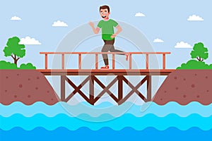 male runner crosses the river over a wooden bridge.