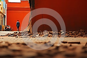 A male sauntering beside a scarlet brick wall along the road photo