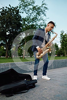 Male saxophonist plays melody in park, talent