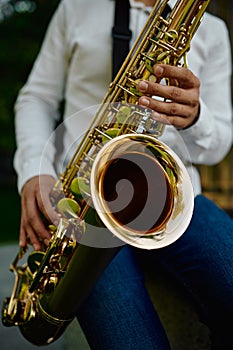 Male saxophonist plays the saxophone in park