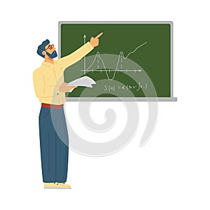 Male school teacher or university professor pointing on green board.