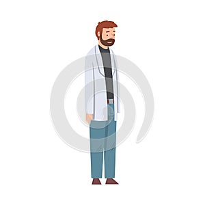 Male Scientist Character in Lab Coat Doing Research in Scientific Lab Vector Illustration