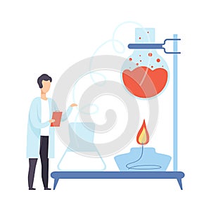 Male scientist is conducting an experiment with hot liquid. Vector illustration.