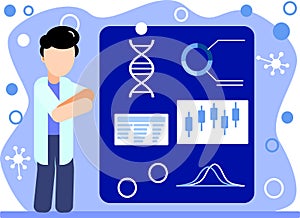 Male scientist in the lab coat analysing and presenting results of genetic studies and lab experiments photo