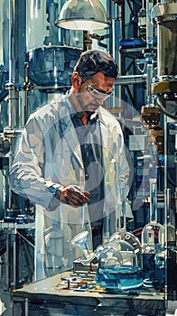 A male scientist in a lab coat and safety goggles carefully measures a blue liquid in a glass beaker