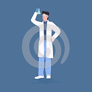 Male scientist looking at test tube with fluid man researcher in white coat making chemical experiment in laboratory