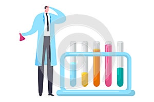 Male scientist with test tubes pondering a problem in the lab. Researcher analyzing samples in test tubes, thinking pose