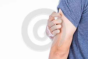 Male scratching his arm isolated white background. Medical, healthcare for advertising concept photo