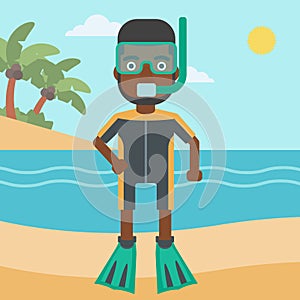 Male scuba diver on the beach vector illustration.