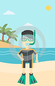 Male scuba diver on the beach vector illustration.