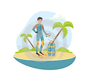 Male Scuba Diver in Diving Suit and Flippers Standing on Tropical Beach, Water Active Sport, Summer Vacation Vector