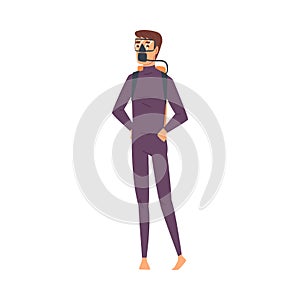 Male Scuba Diver, Full Length of Man in Diving Suit and Mask Standing on the Beach Vector Illustration on White