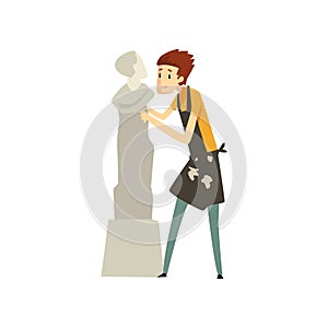 Male sculptor chiselling a marble statue, talented carver character, creative artistic hobby or profession vector