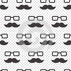 Male seamless pattern, gentlemens print with mustaches and glasses on polka dot background, wrapping paper. Black and white design