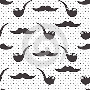 Male seamless pattern, gentlemens print with mustaches and smoking pipes on polka dot background. Black and white design. Vector