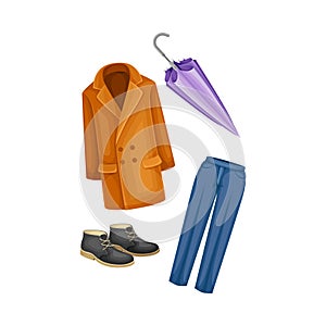 Male seasonal clothes set. Coat, trousers, leather boots and umbrella cartoon vector illustration