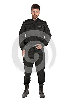 Male security guard in uniform on white