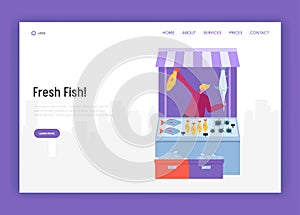 Male Seller Character Selling Fish and Seafood at Modern Street Store Landing Page. Fresh Food Farmer Organic Market Website
