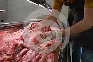 Male seller holding piece of fresh meat in butcher shop