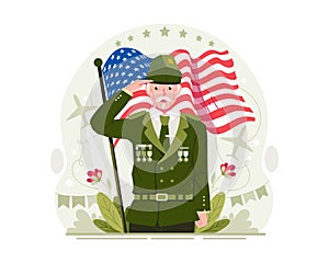 A Male Senior Veteran Saluting on Veterans Day With a Fluttering American Flag