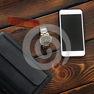 Male set. Men`s Accessories. Bag, phone and hairbrush