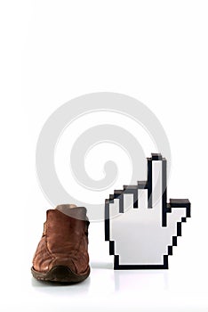 Male shoe and cursor pointer hand sign