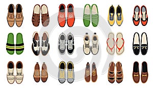 Male shoes top view. Fashionable footwear of different types for men. Sneakers, slippers, boots and flip flops. Stylish