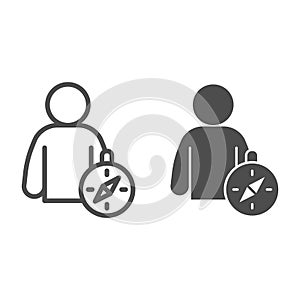 Male silhouette with compass line and solid icon. Applicant with compass rose outline style pictogram on white