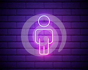Male silhouette neon light icon. Gentlemen WC door glowing sign. Men`s clothes department store. Vector isolated illustration