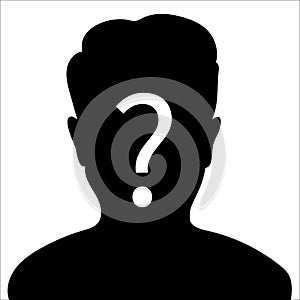 male silhouette profile picture with question mark on the head.