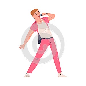 Male singer performing with microphone. Emotional guy singing song cartoon vector illustration