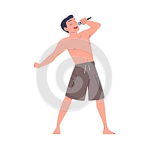 Male singer performing with microphone. Guy singing song emotionally cartoon vector illustration