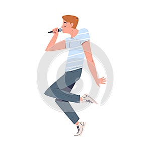 Male singer performing with microphone. Young man singing song and dancing cartoon vector illustration