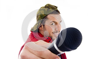 Male singer showing microphone