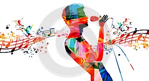 Male singer singing to microphone in intense colors. Performer with musical notes isolated. Vector illustration for live performa